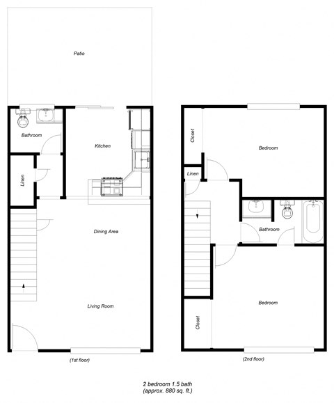 Floor plan for 2 beds, 1 bath, 880 sqft